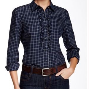 Barbour Tack Navy Plaid Ruffle Button Front Shirt sz 10